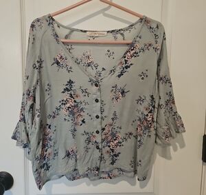 Rewind Gray and Pink Blouse with Boxy Fit and Bell Sleeves